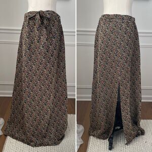Vintage 70s Lurex Abstract A-Line Maxi Skirt Gold Black Red Blue Green Purple L